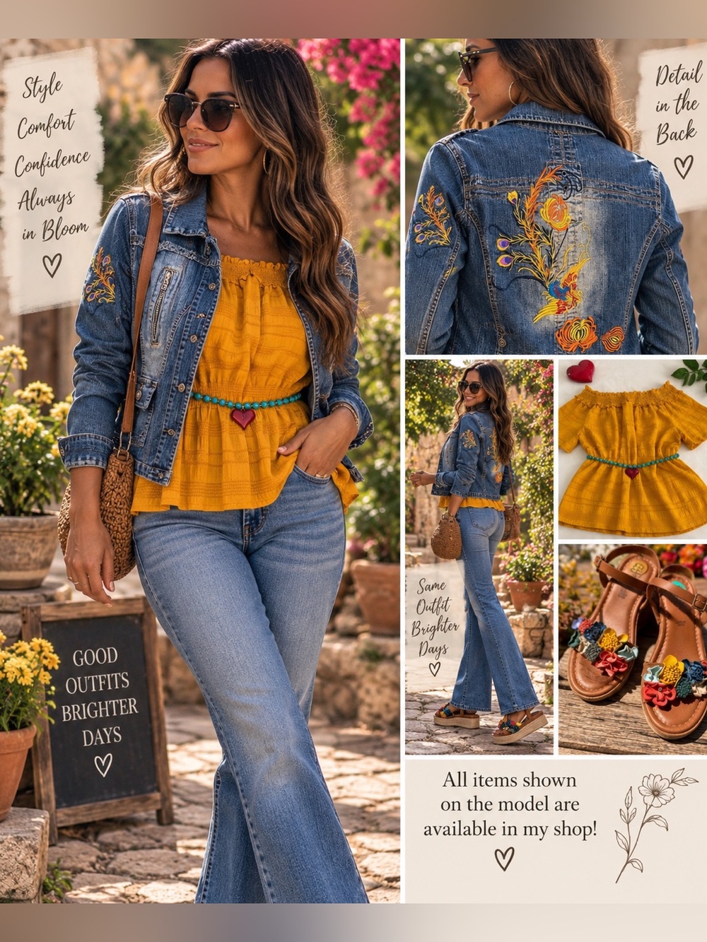 “Vintage-inspired Rosy Loves embroidered denim jacket with a timeless boho look.